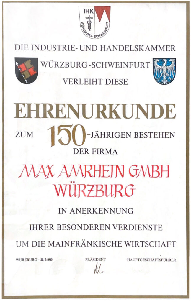 Ehrenurkunde 150 Jahre Max Amrhein GmbH Würzburg