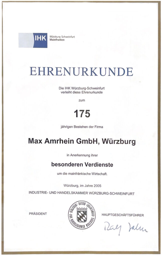 Ehrenurkunde 175 Jahre Max Amrhein GmbH Würzburg