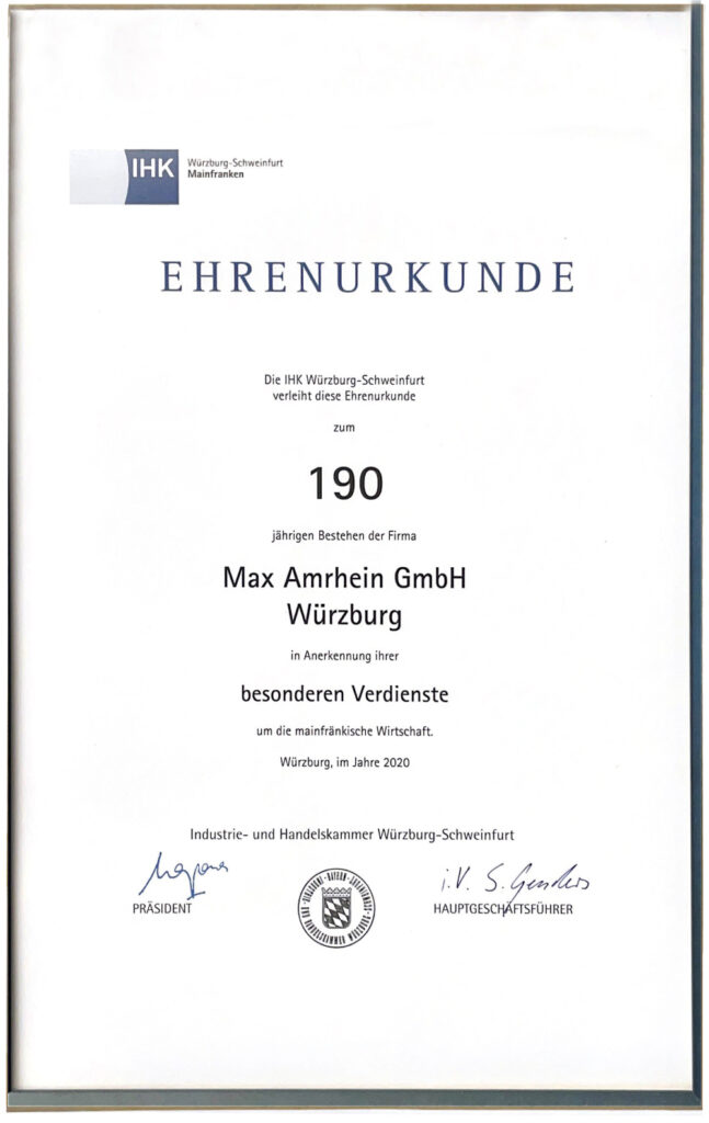 Ehrenurkunde 190 Jahre Max Amrhein GmbH Würzburg